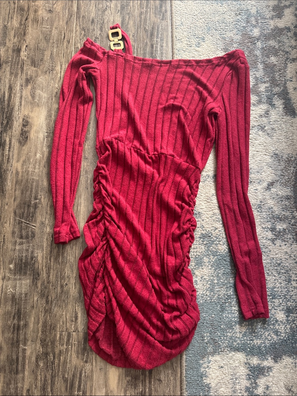 Red Ruched Off-Shoulder Long Sleeve Dress